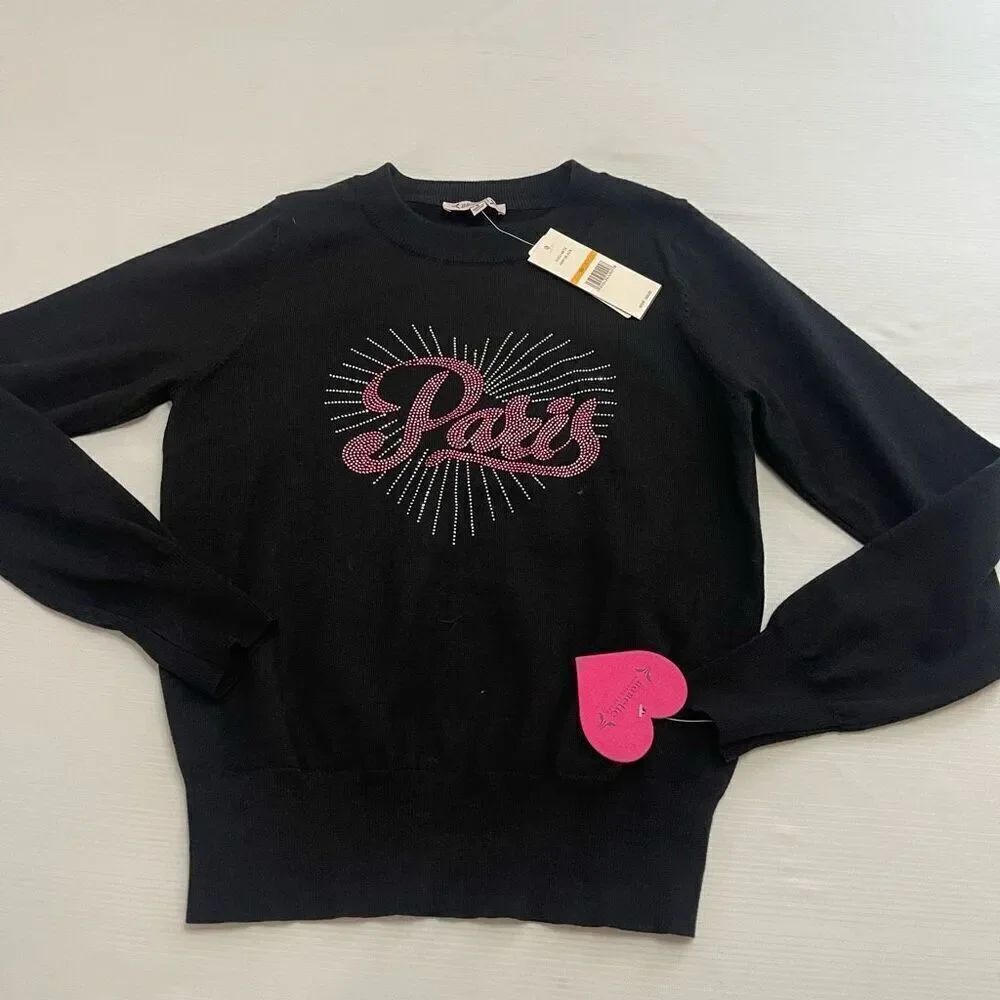 NWT Nanette Lepore Black Paris Rhinestone Sweater Size Small New